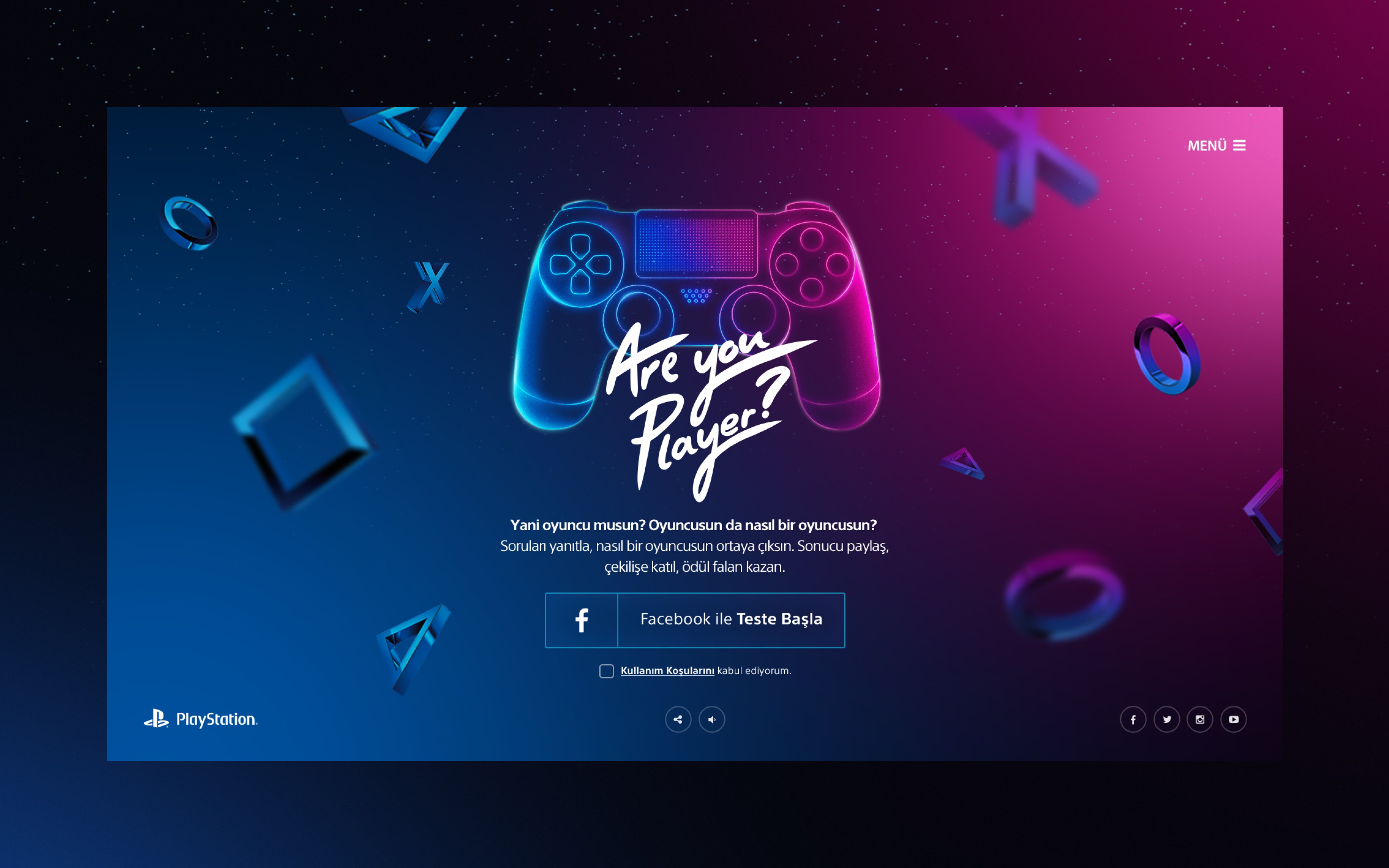 PlayStation Plus – Are You Player? interactive welcome screen with glowing DualShock controller and 3D PlayStation icons; UX by Burak Canpolat.