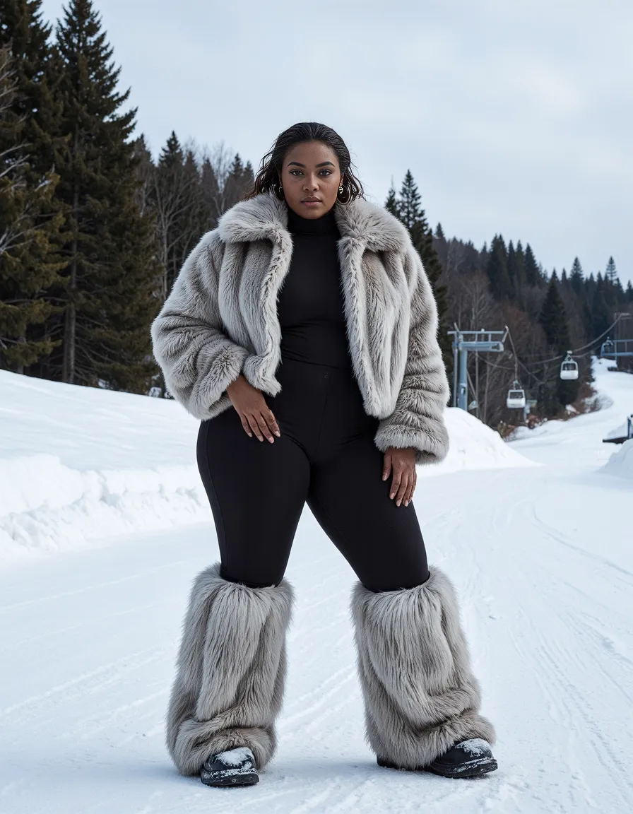 Winter fashion photograph featuring plush gray faux fur coat and boots with black outfit against snowy mountain backdrop with evergreens and ski lifts