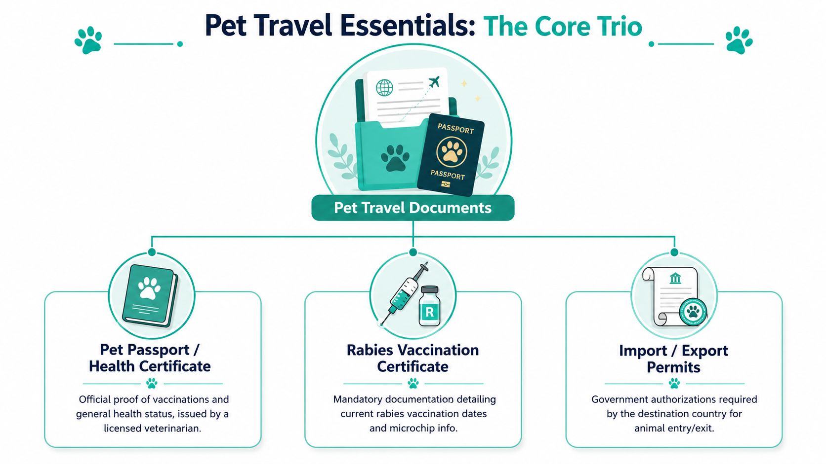 A diagram illustrating the three essential travel documents required for pets: passport, vaccination certificate, and import permits.