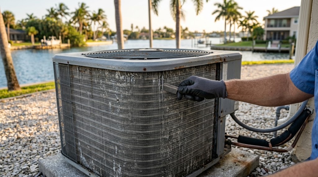 Technician inspecting a coastal AC condenser coil for salt-air corrosion near the Intracoastal in Palm Beach County