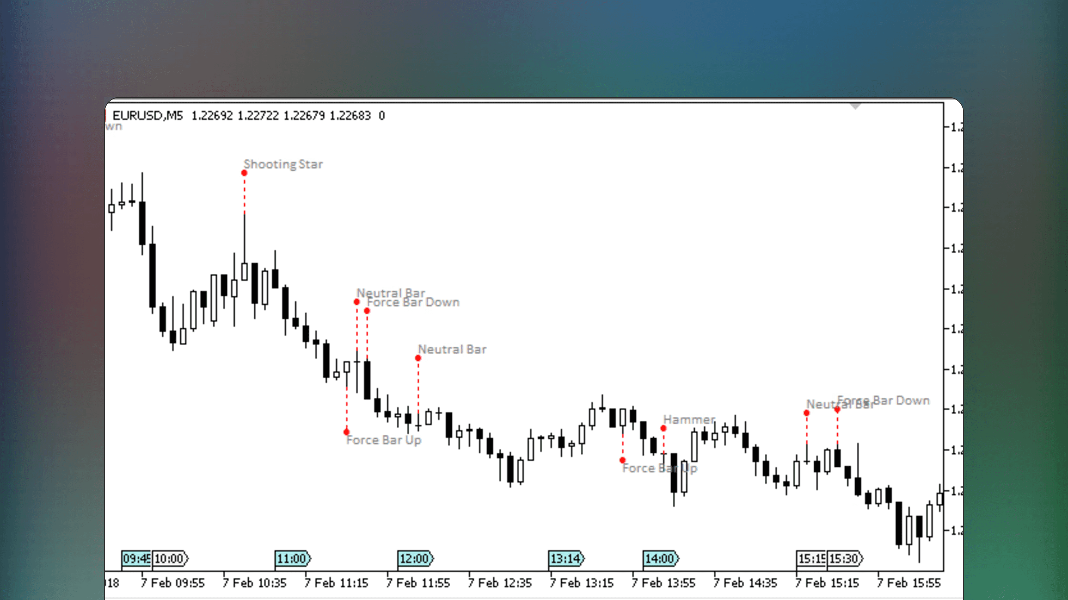MetaTrader price chart displaying highlighted price action patterns with text labels identifying formations such as hammers, doji and evening stars