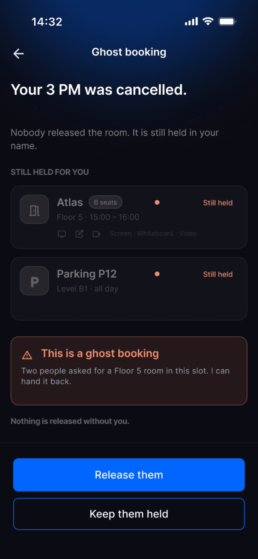 Ghost booking screen: your 3 PM was cancelled, two people are waiting for a Floor 5 room