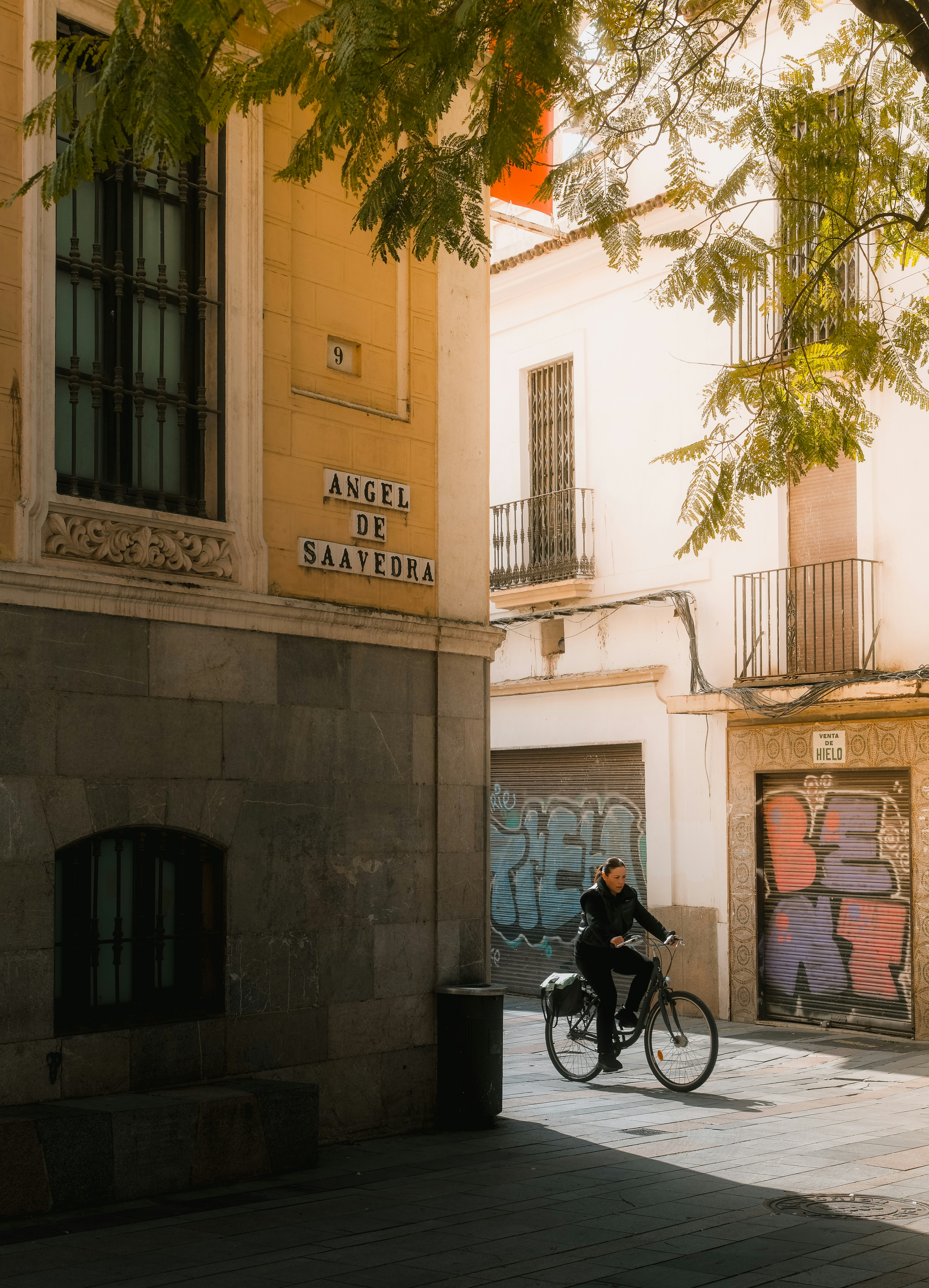 A person rides a bicycle down a sunlit street.