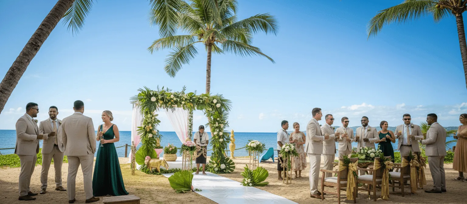 A wedding taking place with a group of guests at the beachside in Fiji, beautifully sunny clear day