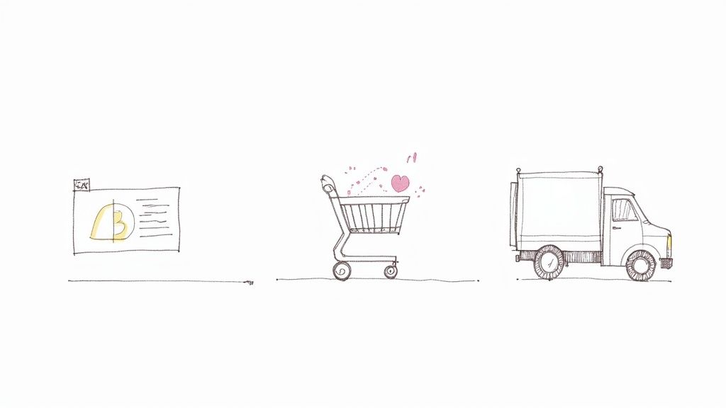A three-stage doodle showing the online shopping process: a browser, a cart with hearts, and a delivery truck.