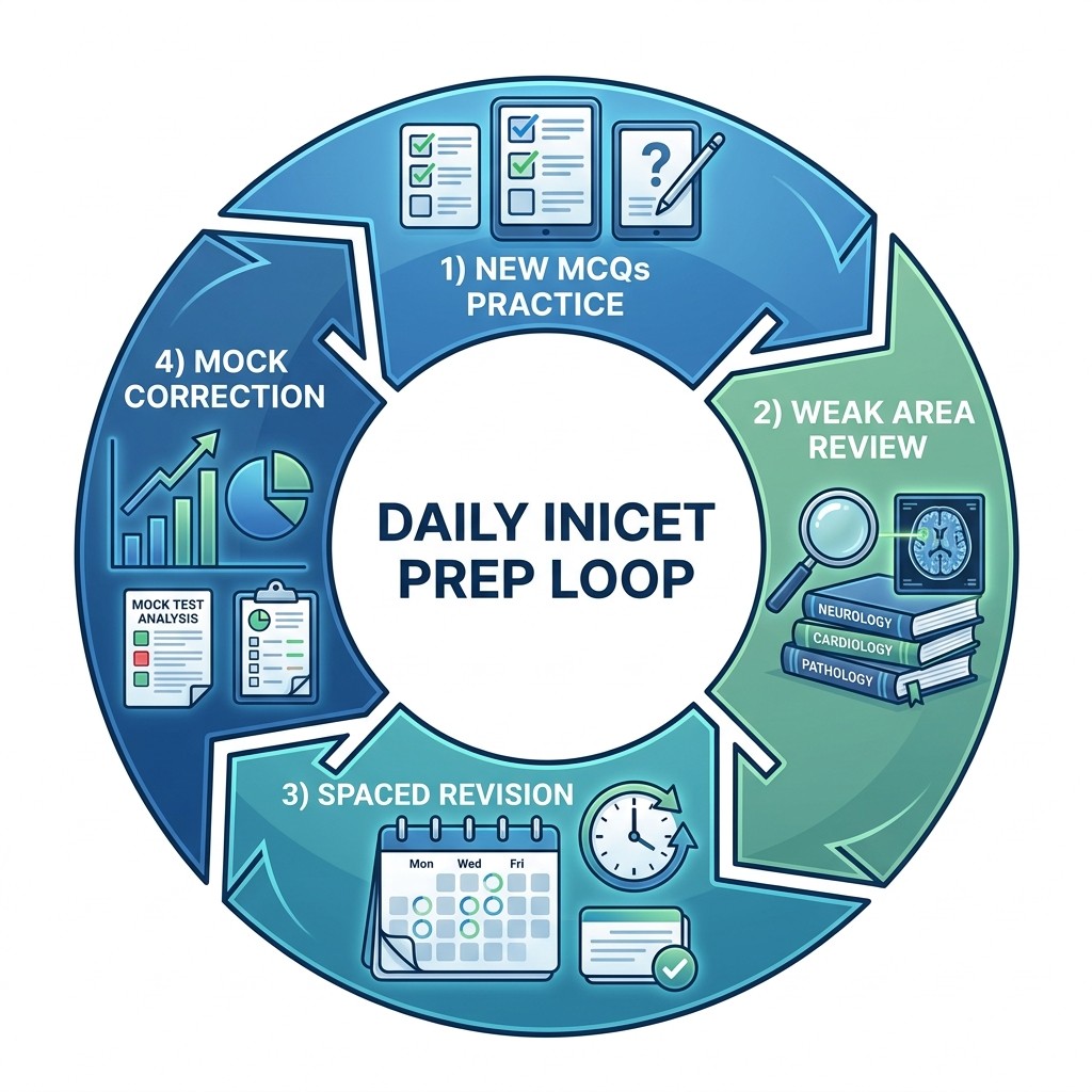 INICET Daily Practice Loop: New Questions, Weak Area Review, Spaced Revision, and Mock Correction