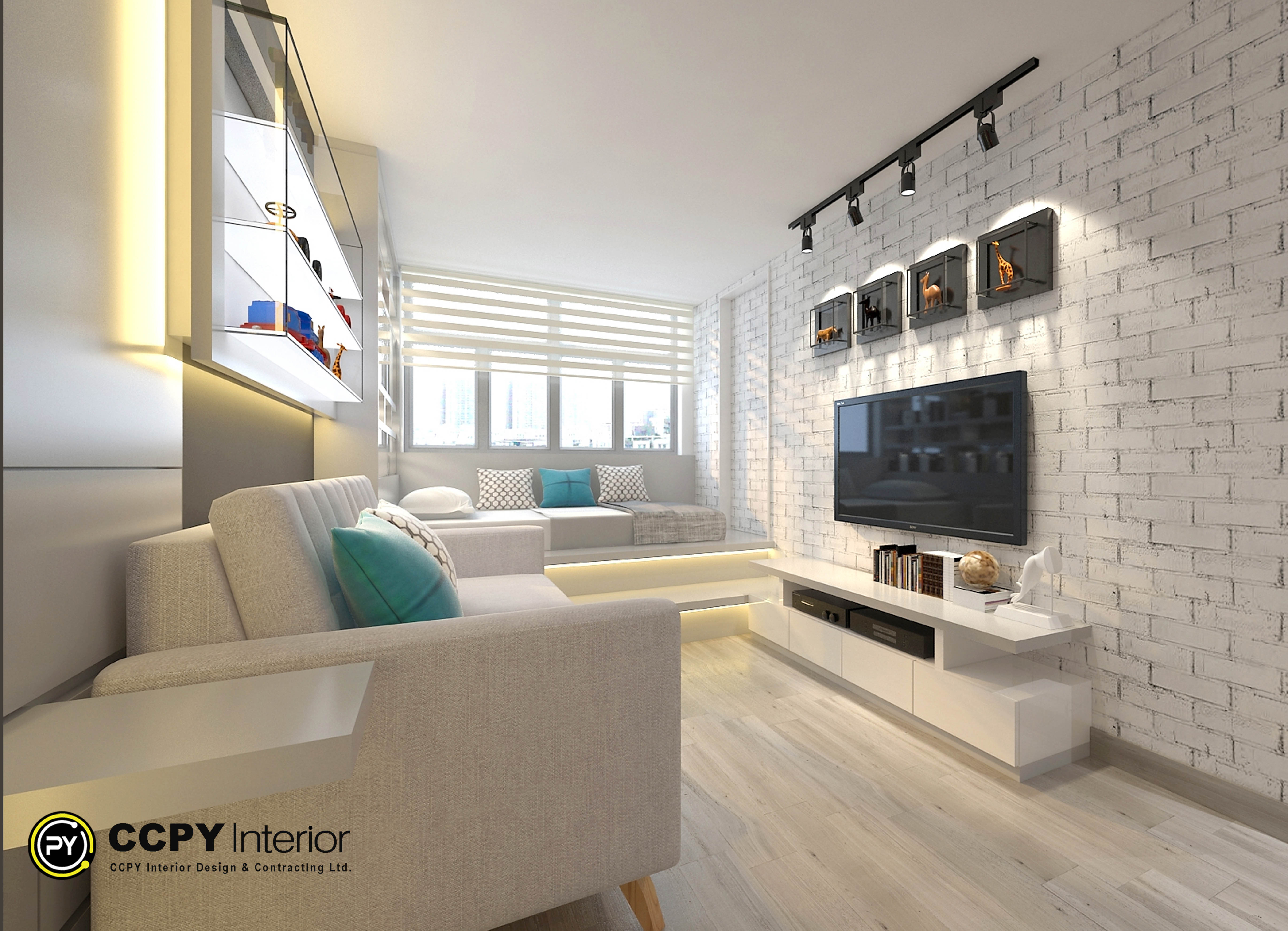 The selected region displays a modern, brightly lit living room designed with a neutral color palette, wood textures, and functional space-saving solutions.Key Design FeaturesColor Palette: Warm neutral tones dominate the walls and flooring.Texture Accents: A white brick accent wall anchors the television display.Seating Area: A light gray fabric sofa sits opposite the entertainment unit.Built-in Platforms: A raised window platform offers a secondary lounging or reading area.Lighting Scheme: Recessed ceiling spotlights and warm under-cabinet LED strips add depth.Storage Solutions: Floating white cabinetry beneath the television maximizes floor space.