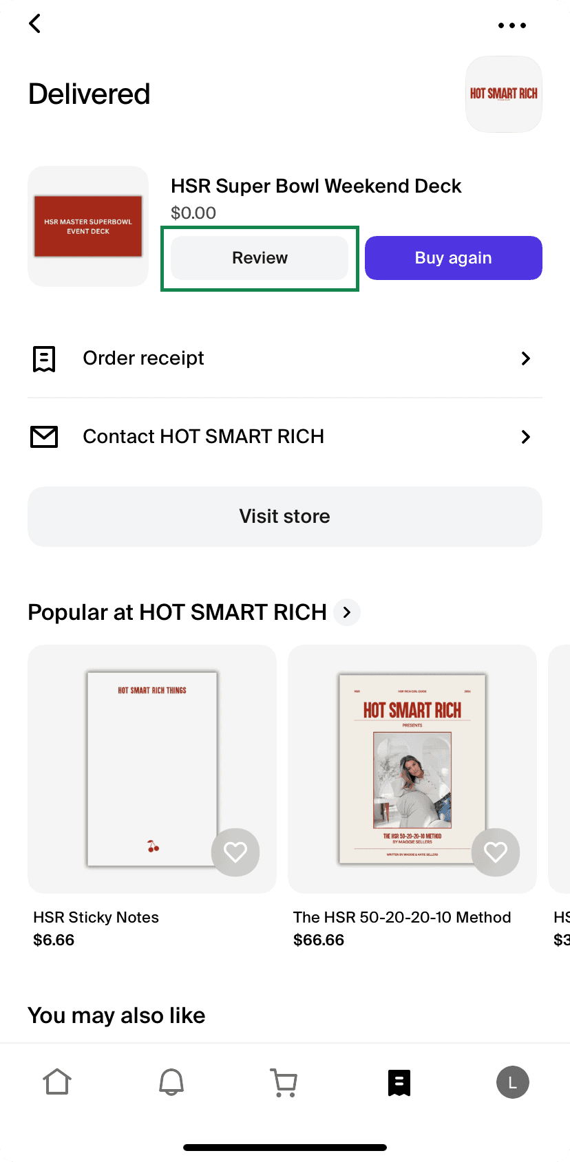 Shop App review prompts on order history page