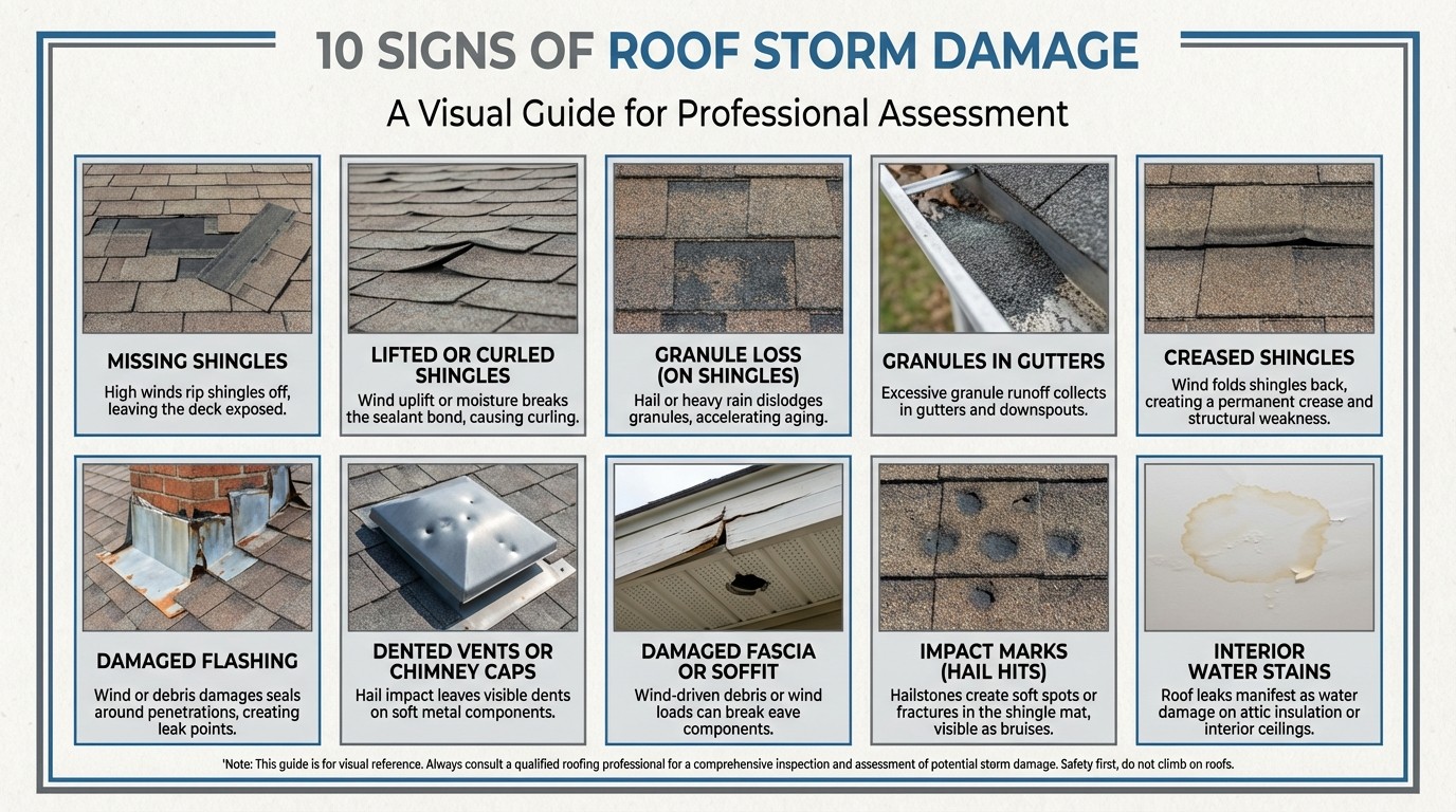 Ten signs of roof storm damage identification guide with visual examples
