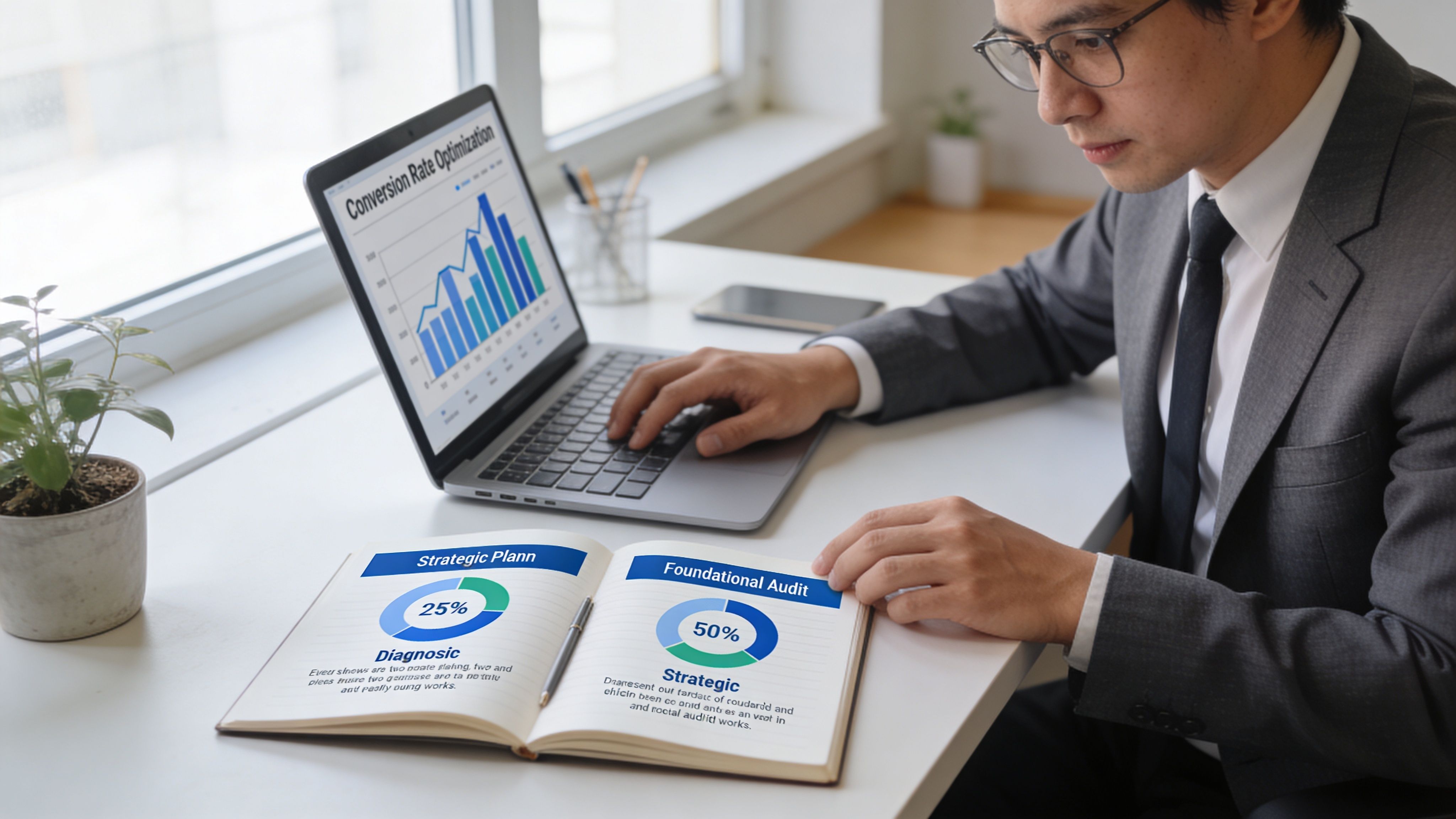 A professional man in a suit analyzes business charts on his laptop and open notebook in an office.