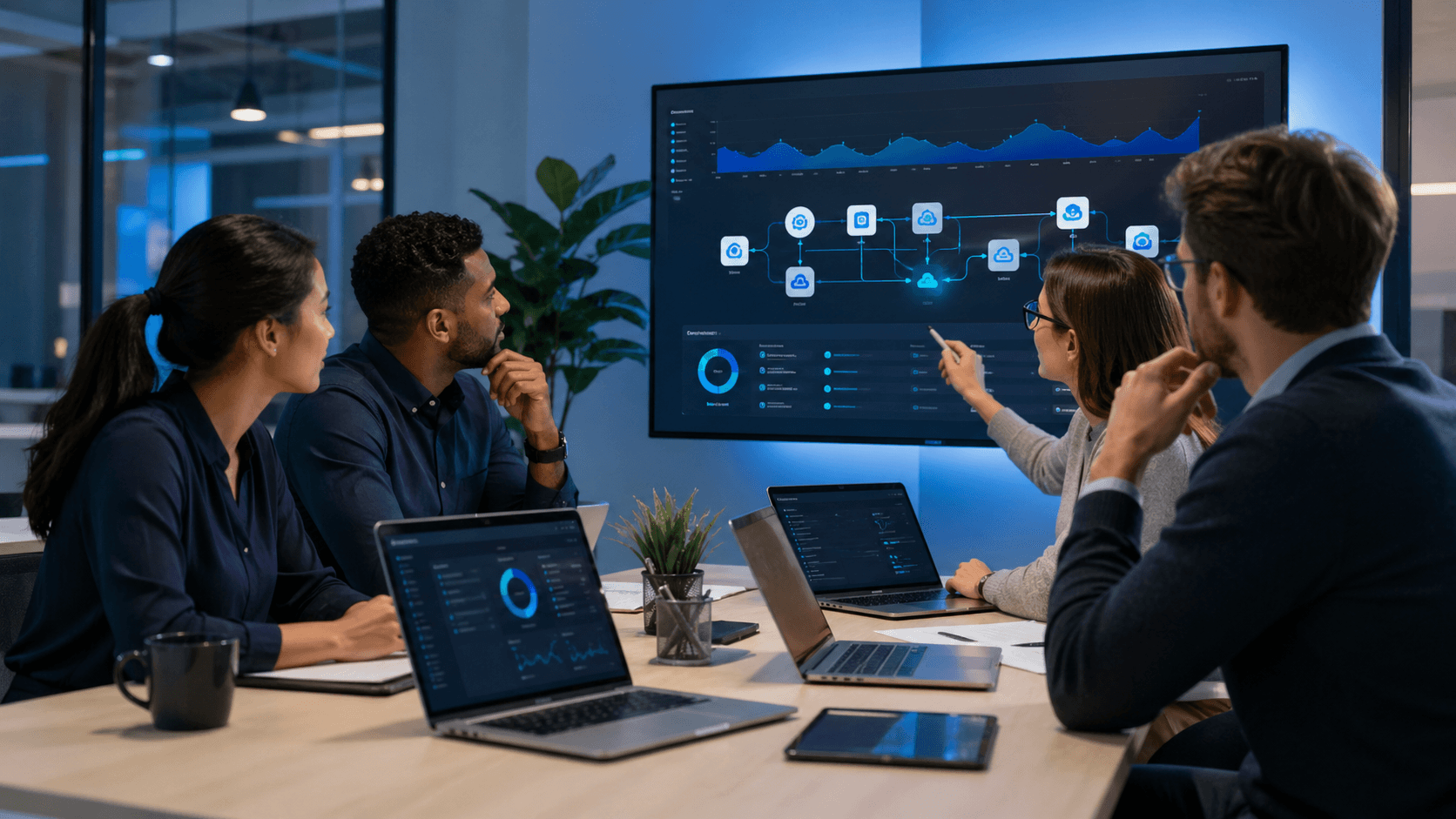 Team collaborating around connected tools and workflow systems in a modern office.