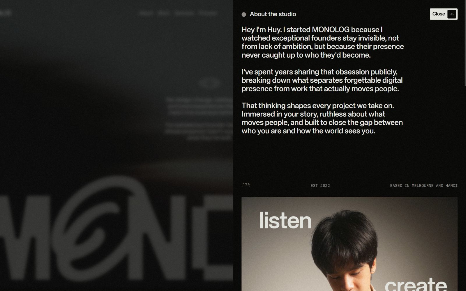 Split screen: left displays blurred "MONOLOG" text; right shows "About the studio" with a paragraph, an image of a person, and "listen create".