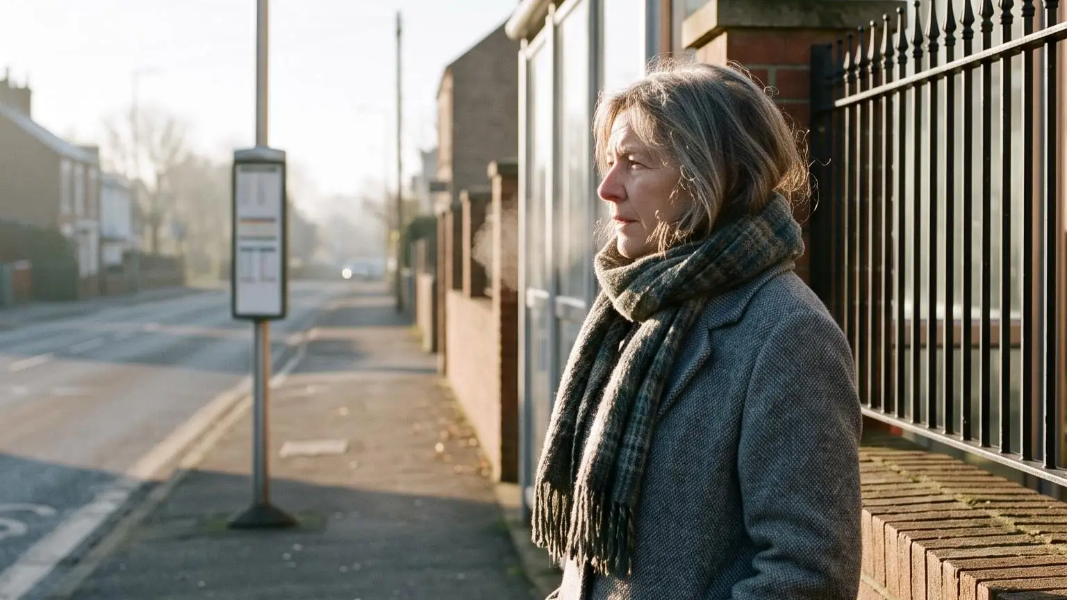A woman waiting at a bus stop on a cold bright morning, breath visible in the air