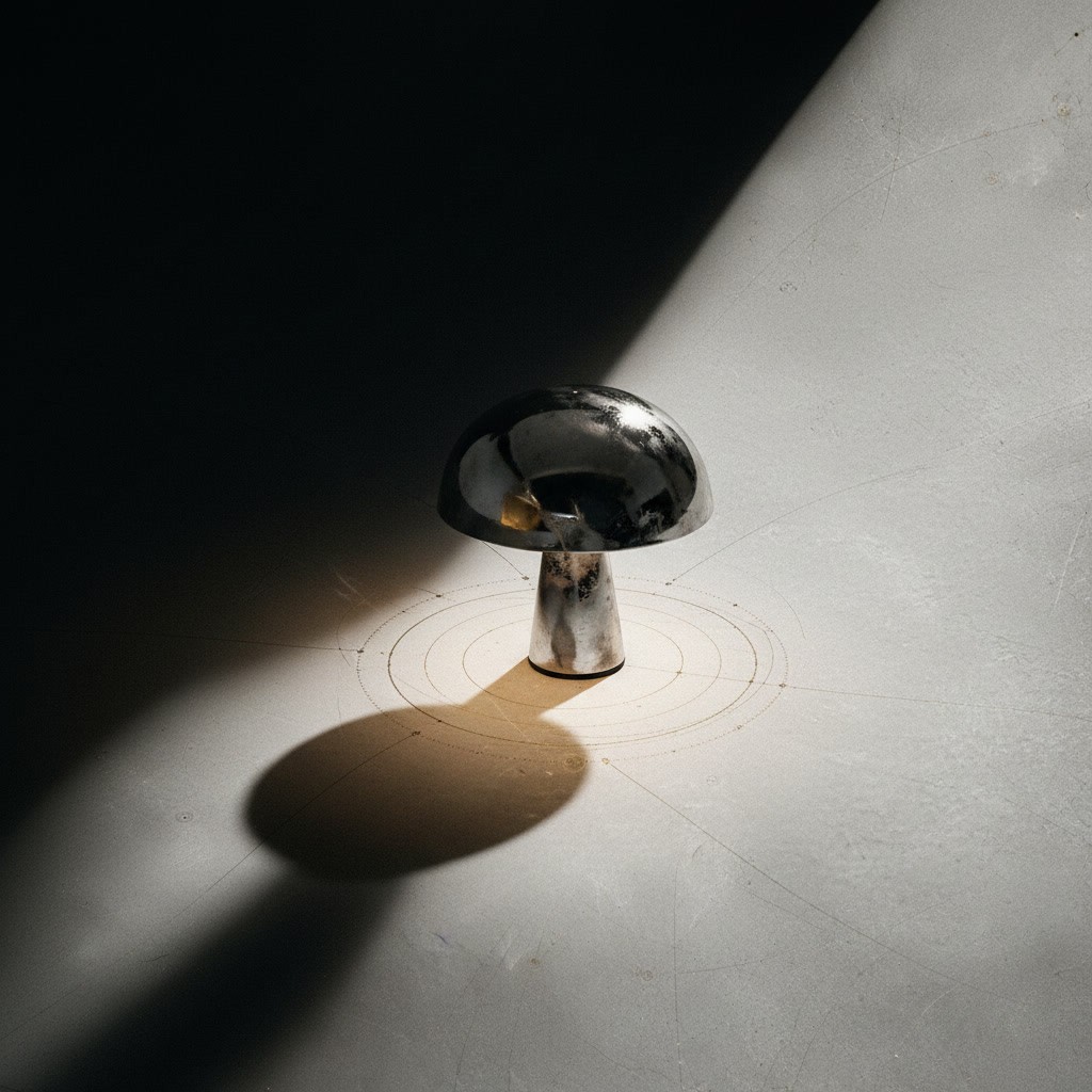 Halo Lamp in smoked aluminium with a warm illuminated diffuser.