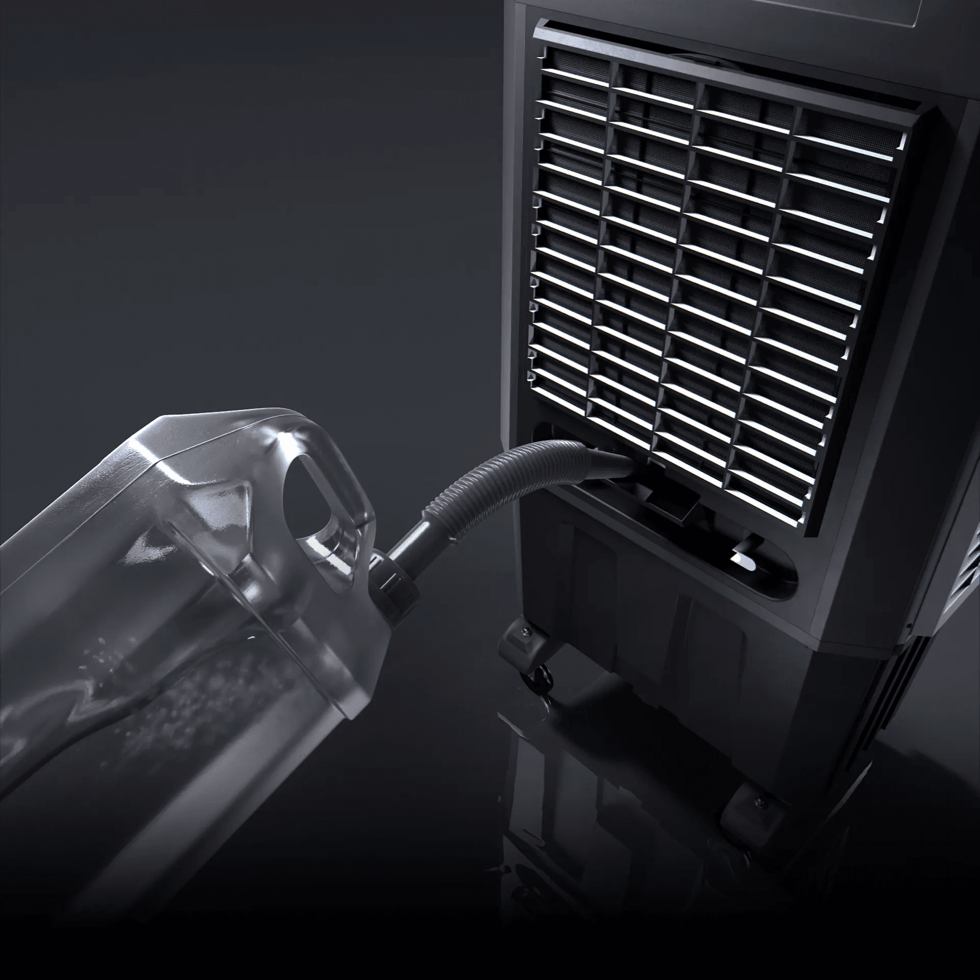 Nunair evaporative humidifier manual water supply system. Ideal for compact or mobile setups as it requires no plumbing, ensuring easy installation and flexible placement in any workspace.
