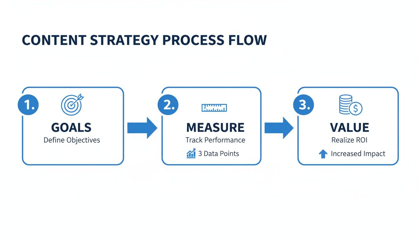 Content strategy process flow outlining steps from setting goals to measuring performance and realizing value.