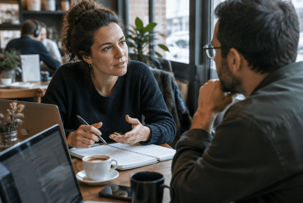 Founder interviewing a potential customer at a cafe table with notes and coffee