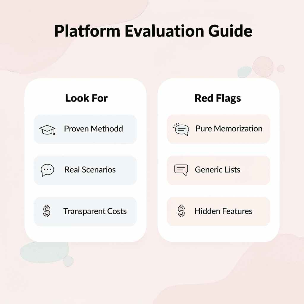 Comparison chart showing what to look for versus red flags in language platforms