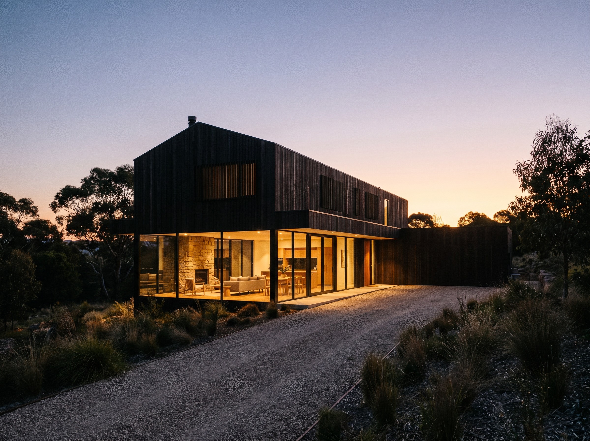 Larch House, a dark timber-clad single-storey home glowing with warm interior light at dusk.
