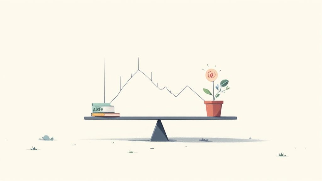 A balance scale with books labeled 'ALPHA' and a plant with a glowing '@' symbol, depicting investment growth.
