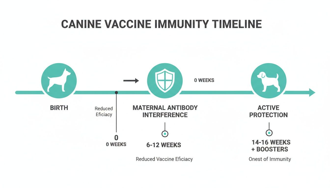 A canine vaccine immunity timeline infographic shows stages from birth to active protection, highlighting maternal antibody interference.