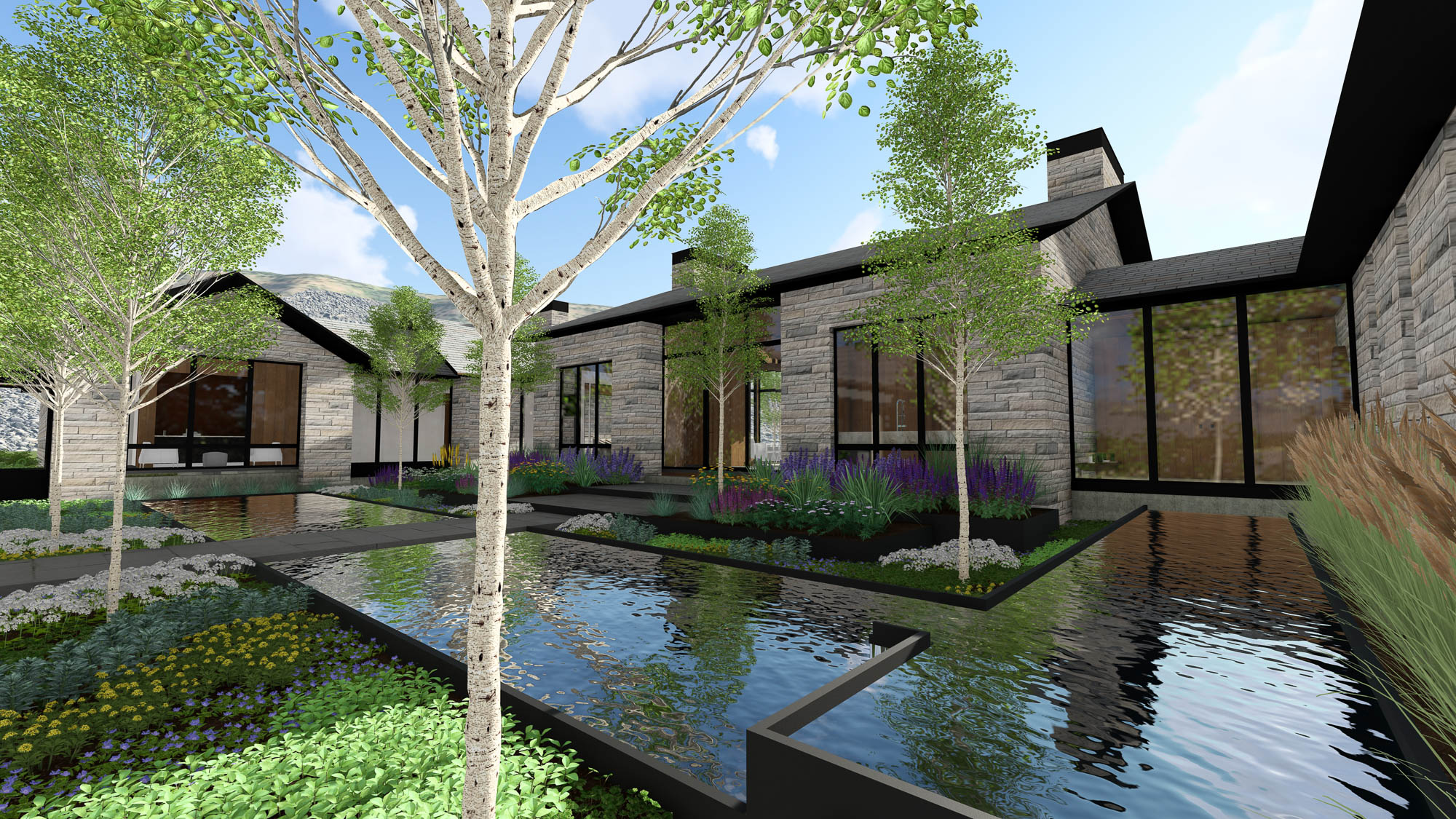 Modern sanctuary house exterior with large stone walls, expansive glass, birch trees, and reflecting pools. Owner’s Representation by Curated by Streeter.