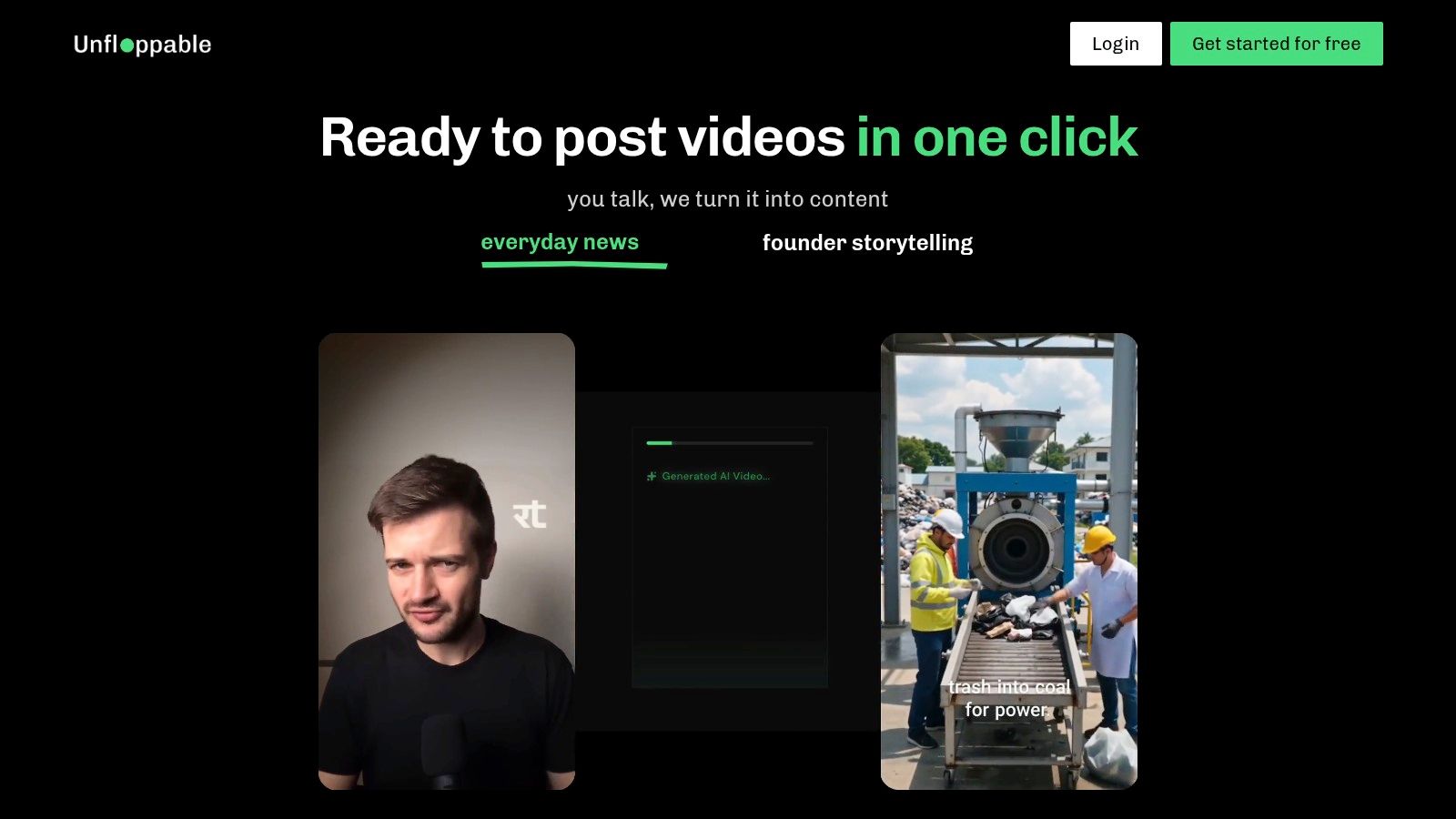 A screenshot of the Unfloppable platform showing a user uploading a video for auto editing.