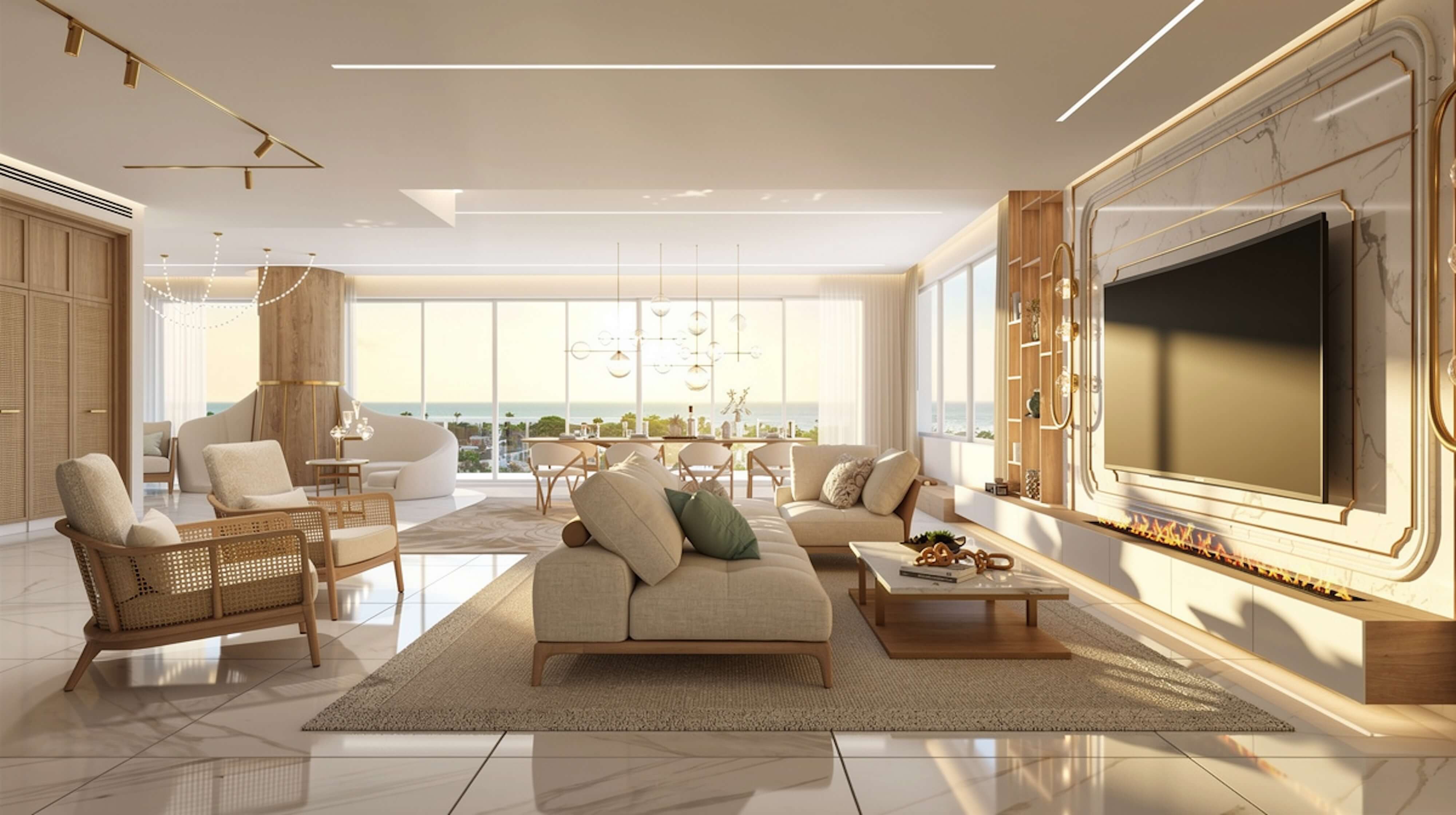 Modern luxury penthouse living room with open-plan layout, featuring cream leather sofas, marble coffee table, sleek fireplace with built-in TV, breakfast bar with gold-accent stools, and floor-to-ceiling windows with city views.