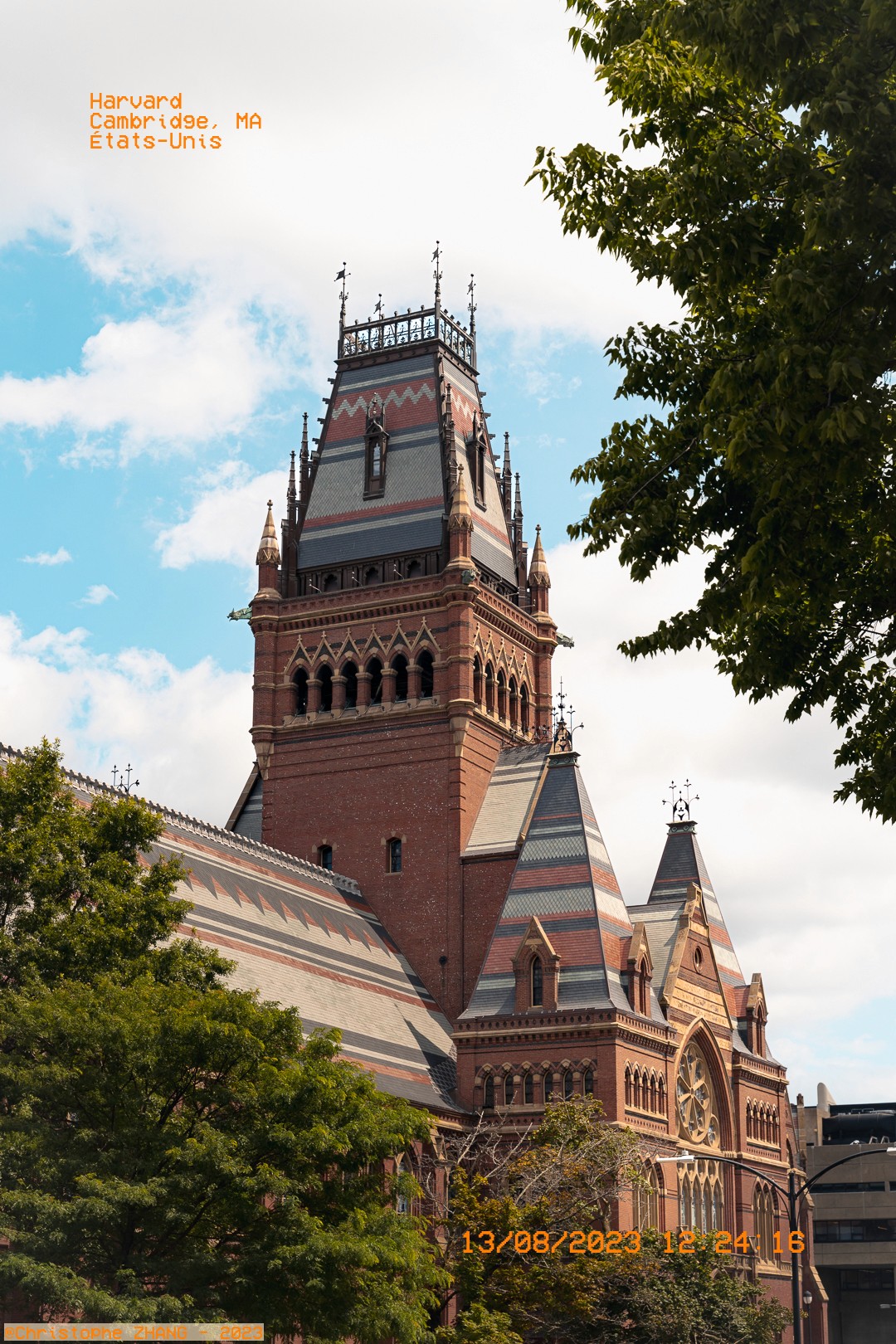 Tour emblématique de Memorial Hall à Harvard, entourée d'arbres et baignée de lumière naturelle.