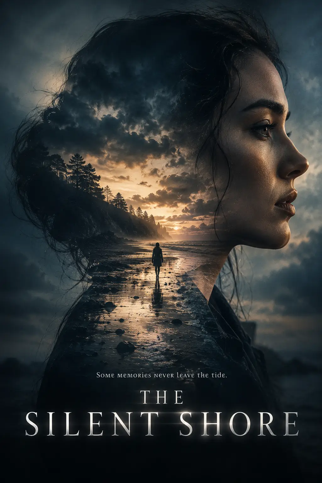 AI-generated emotional drama poster of a woman’s side profile blended with a distant shoreline and cloudy sky.