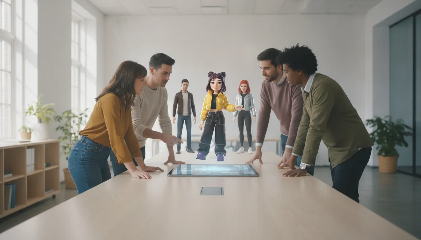 Team collaborating around projected digital avatars