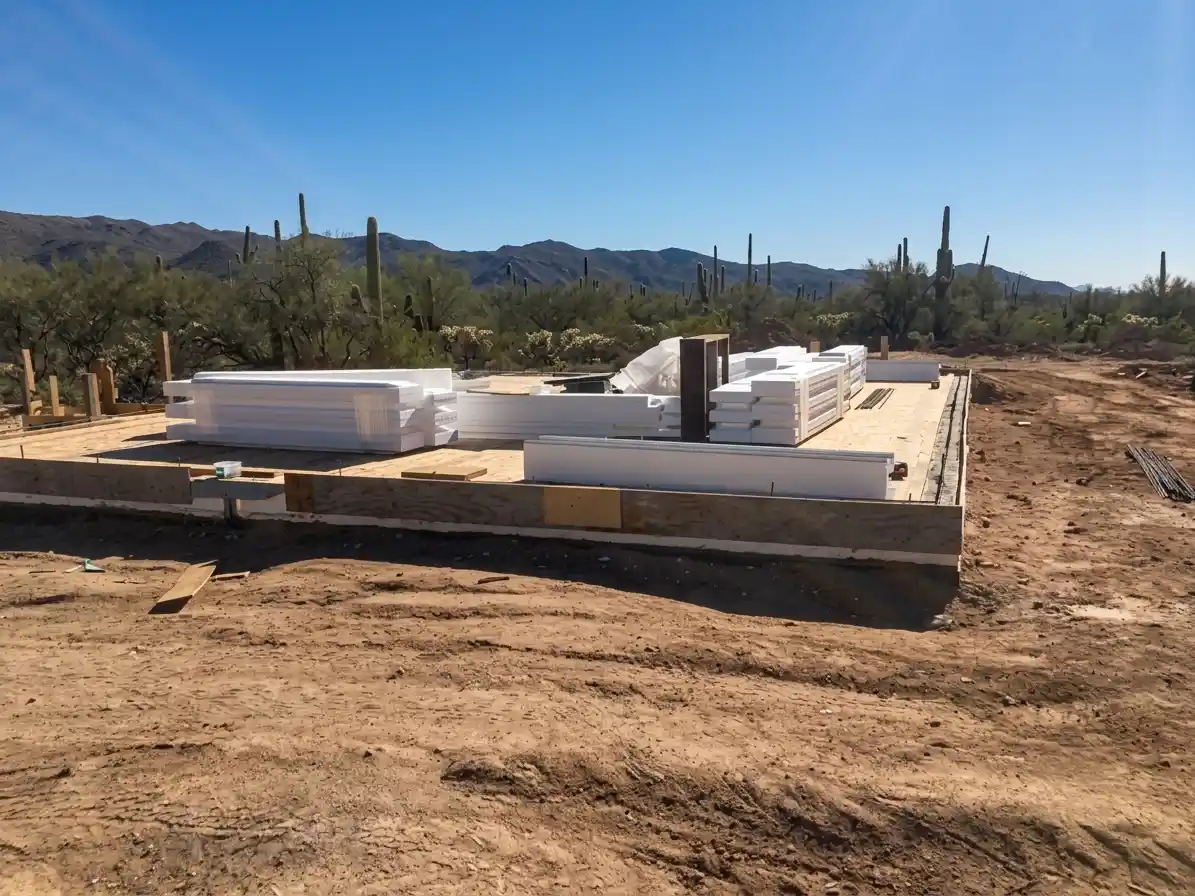 Foundation of an ICF home in Arizona with Pow-R-Wall foam panels ready to be installed