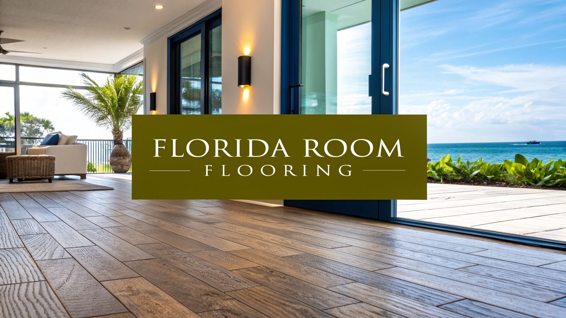 a large room with wooden flooring and open glass doors leading out to the beach