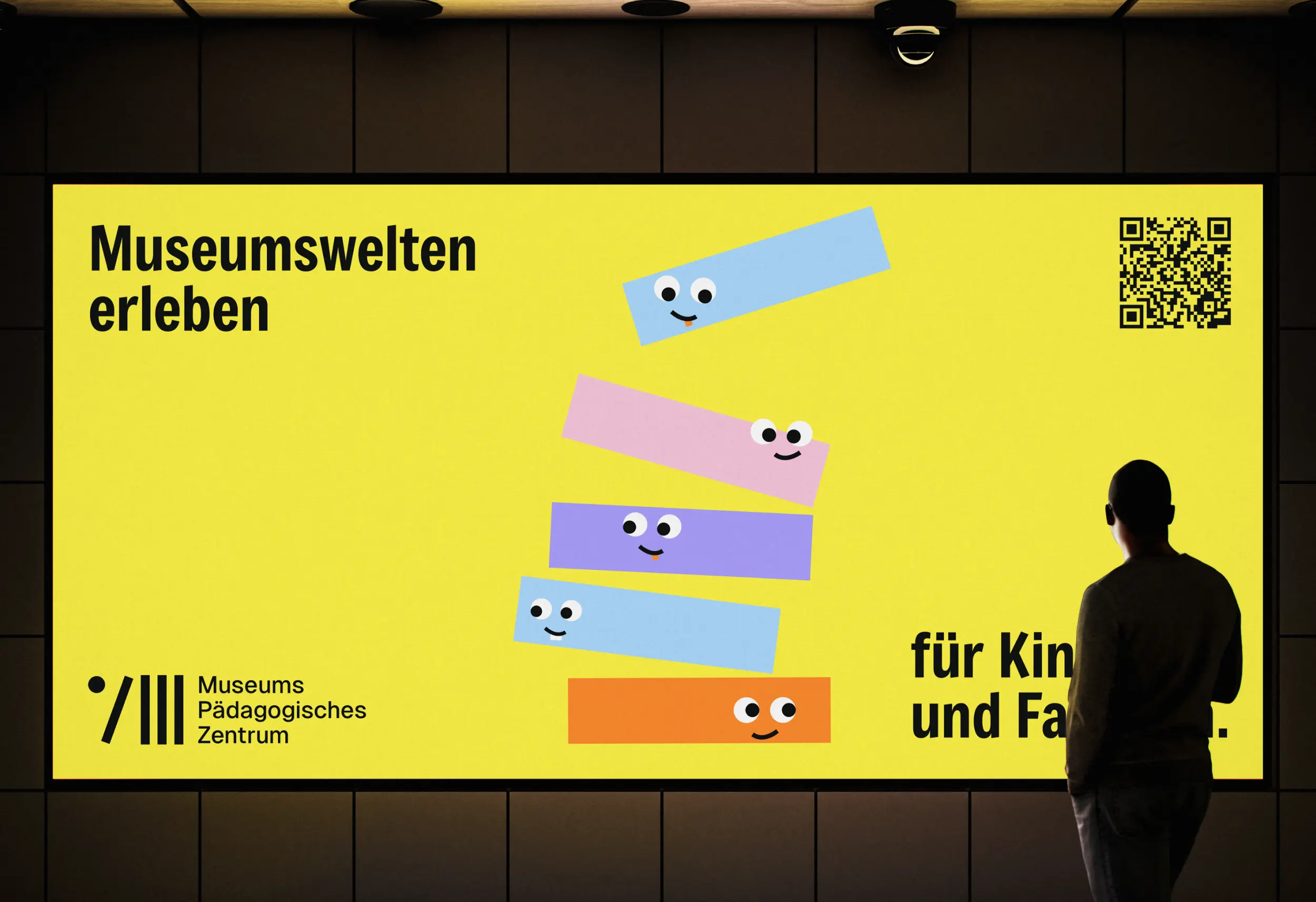 Gelbe Digitalanzeige „Museumswelten erleben“ für Kinder und Familien mit QR-Code