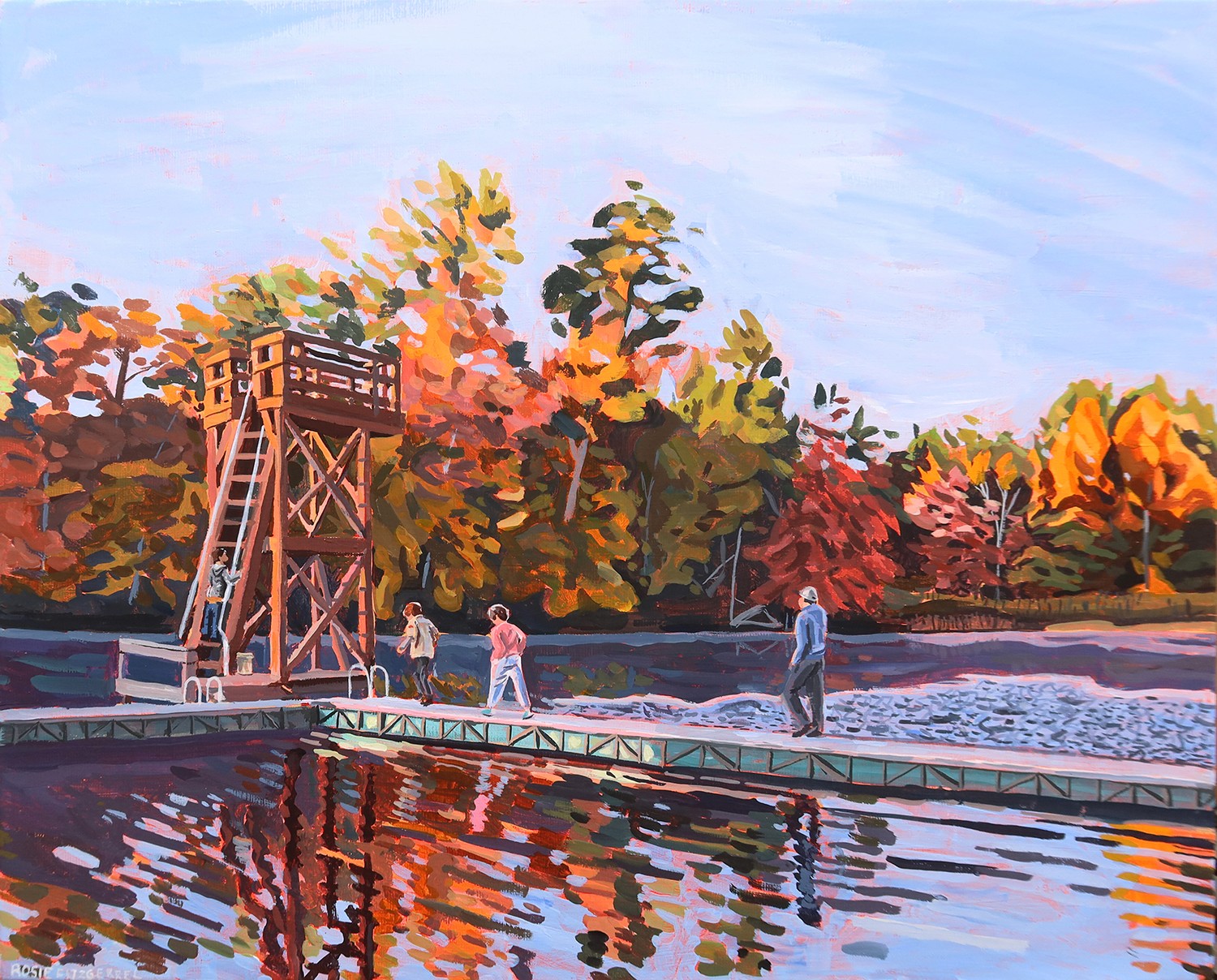 Painting of a fall scene on a lake