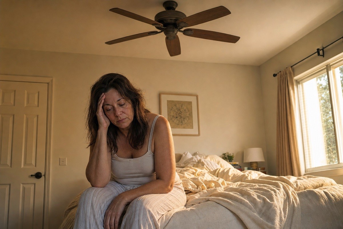 Martha sitting on the edge of her bed at 6 a.m., head in hand, ceiling fan overhead