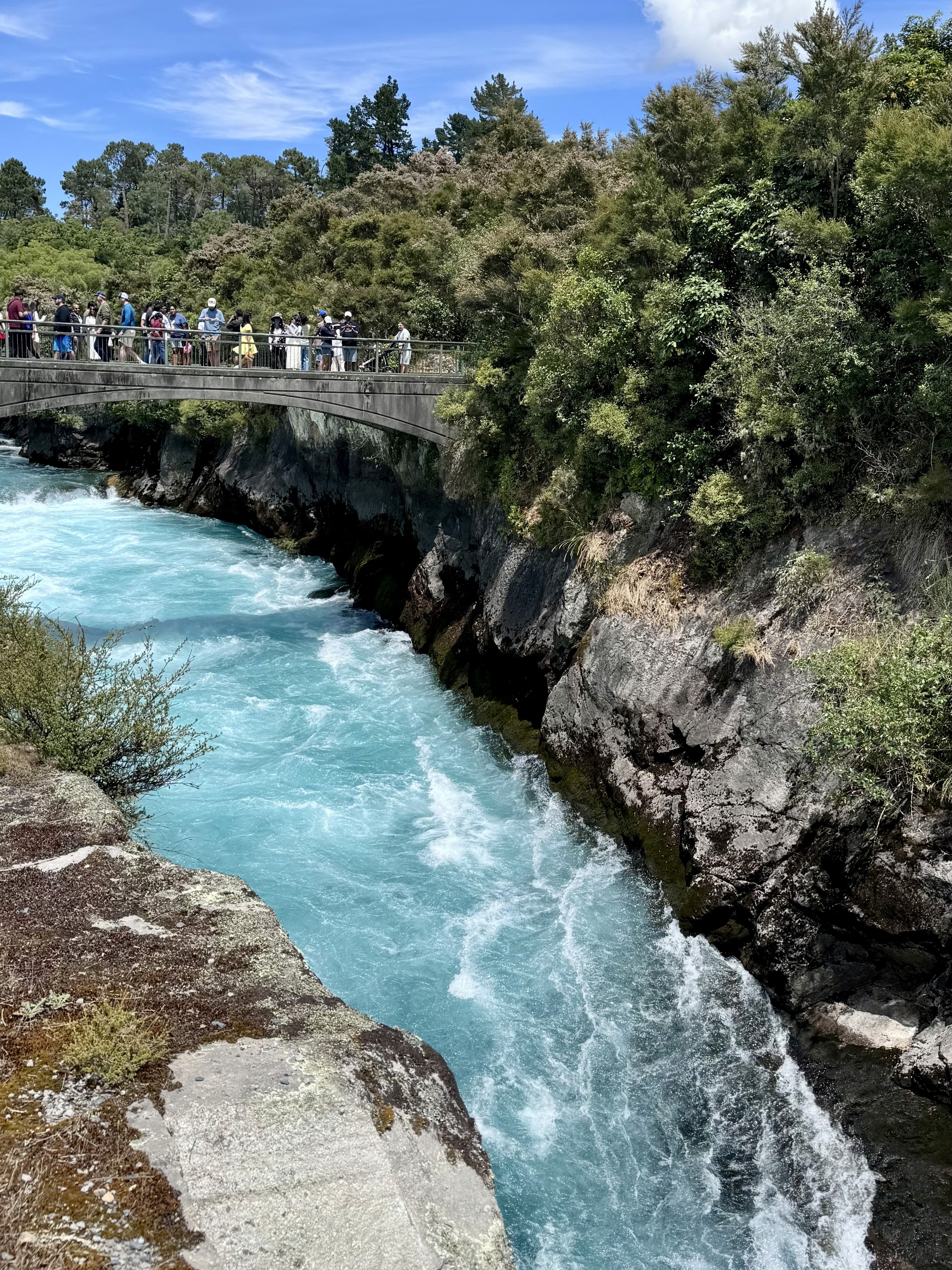 Water cascading down with great force towards Huka falls