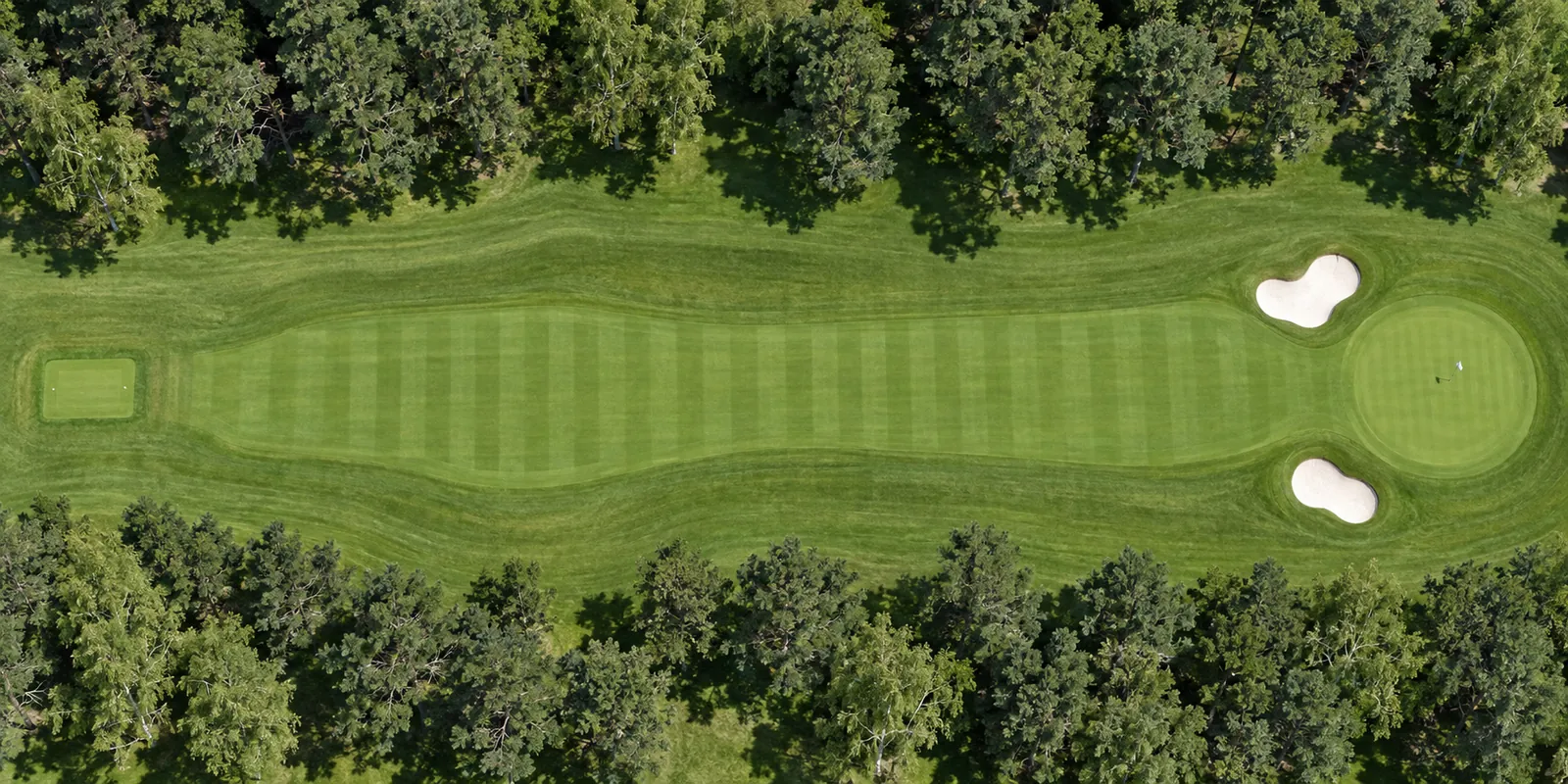 Aerial view of hole 10, Pinewalk, from the tee on the left to the green on the right.