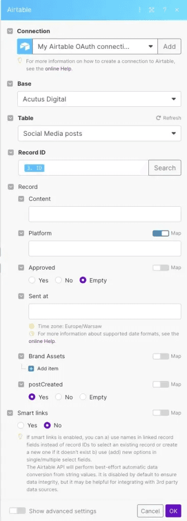 Make.com interface for updating Airtable records in Lucas Ostrowski's X post automation workflow. Screenshot shows detailed configuration of Airtable connection, including base (Acutus Digital), table (Social Media posts), and fields like Content, Platform, Approved, and postCreated. Demonstrates advanced no-code integration for efficient social media content management and tracking.