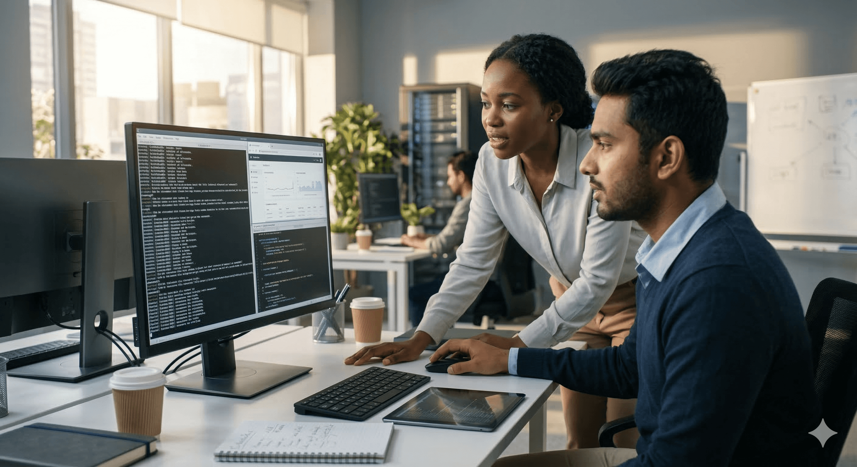 In a modern office setting, two focused individuals collaborate at a computer station where code and data are displayed on a monitor, surrounded by office essentials and coffee cups, highlighting a dynamic work environment.