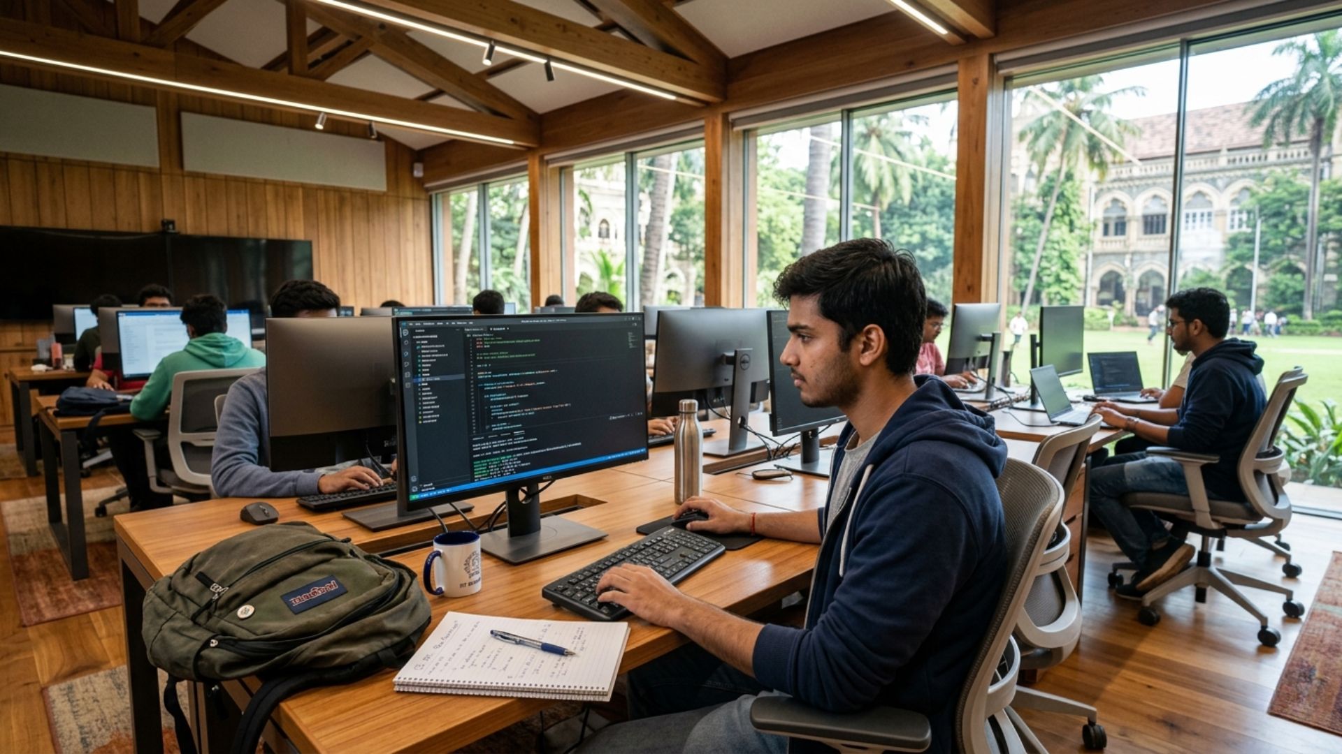 Student coding at a desktop computer in a modern campus computer lab