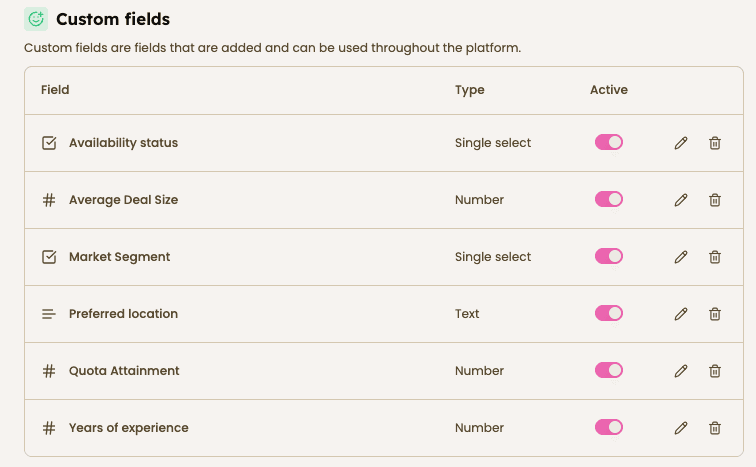 Custom fields in settings