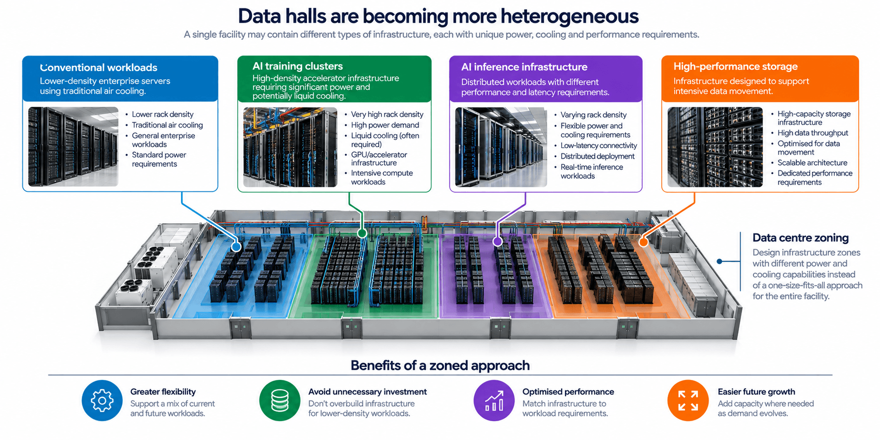 how AI-era data centres are becoming more heterogeneous, with separate zones for conventional workloads, AI training clusters, AI inference infrastructure and high-performance storage, each requiring different power, cooling, density and performance capabilities.
