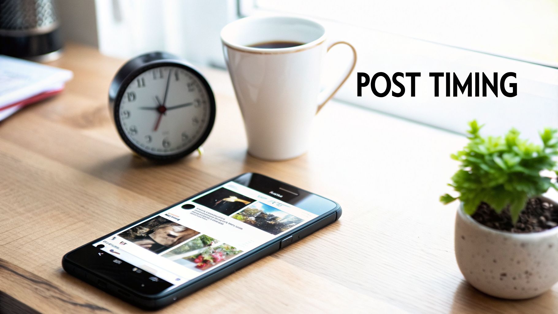 A wooden desk with a smartphone displaying social media, an alarm clock, coffee, and a small plant, with 