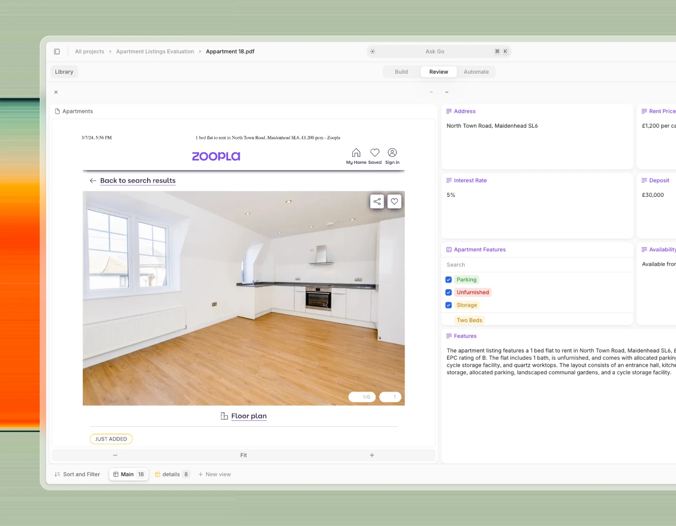 User interface screenshot of an AI-powered real estate listing platform showcasing apartment details, including rent price, deposit, and features like parking and storage.