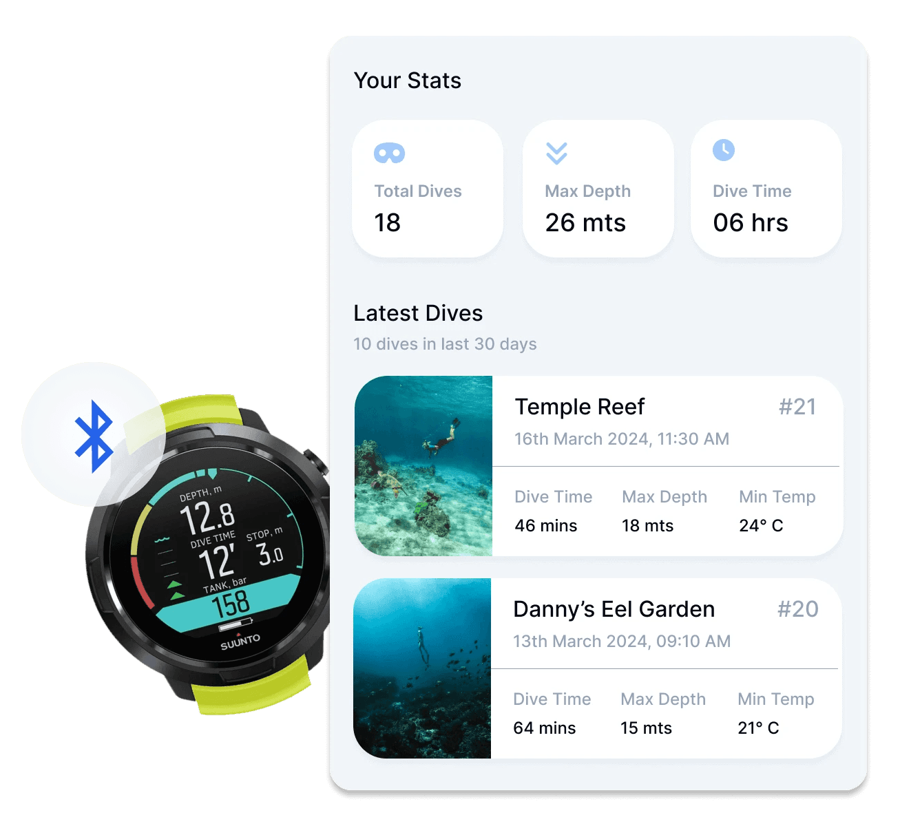 Kick back and relax on the boat while your dive computer seamlessly logs your dives. Connects with all major dive computers (Shearwater, Suunto, Scubapro, Garmin, Mares) for automatic log entry.