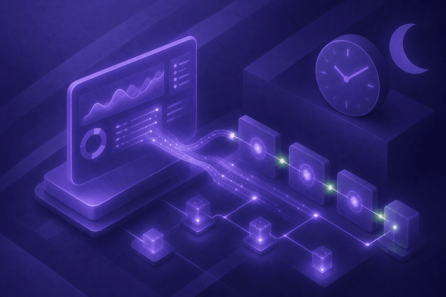 A futuristic digital dashboard glowing in a dark environment, showing real-time visitor activity streams and automated qualification workflows running autonomously at night, with clock indicators showing late-night hours, abstract data nodes connecting and routing through a network, conveying 24/7 AI-powered pipeline activity without human intervention, blue and purple tones with subtle green accent highlights