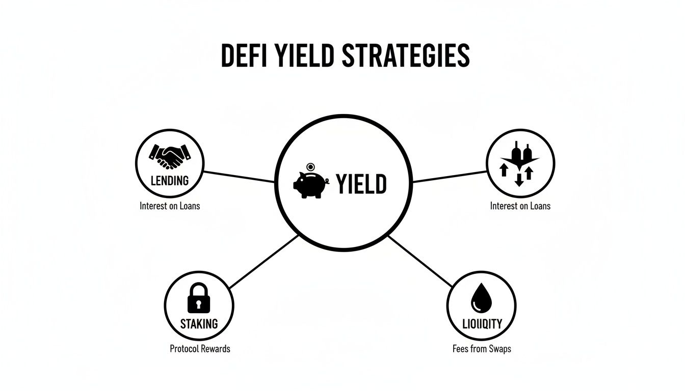 Diagram illustrating DeFi yield strategies, showing lending, staking, and liquidity for earning interest, rewards, and fees.