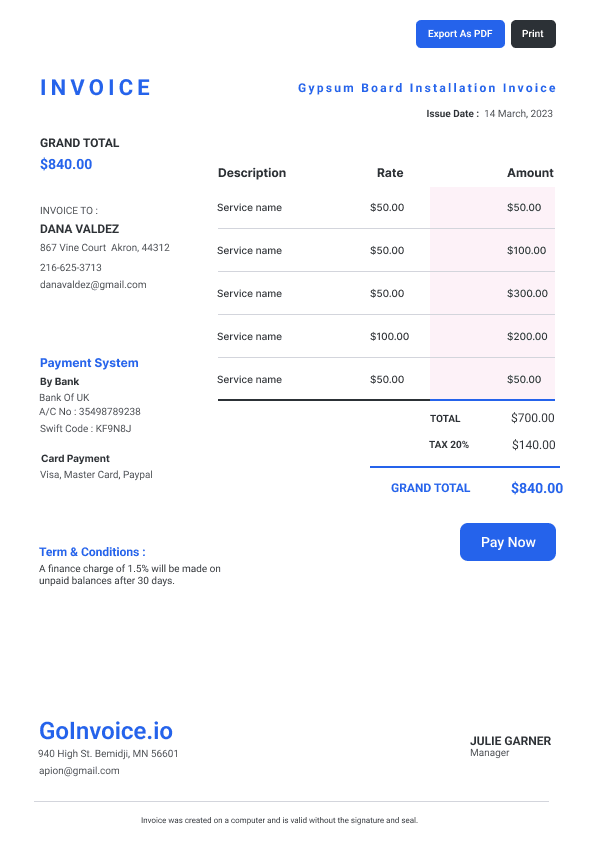 Gypsum Board Installation Invoice