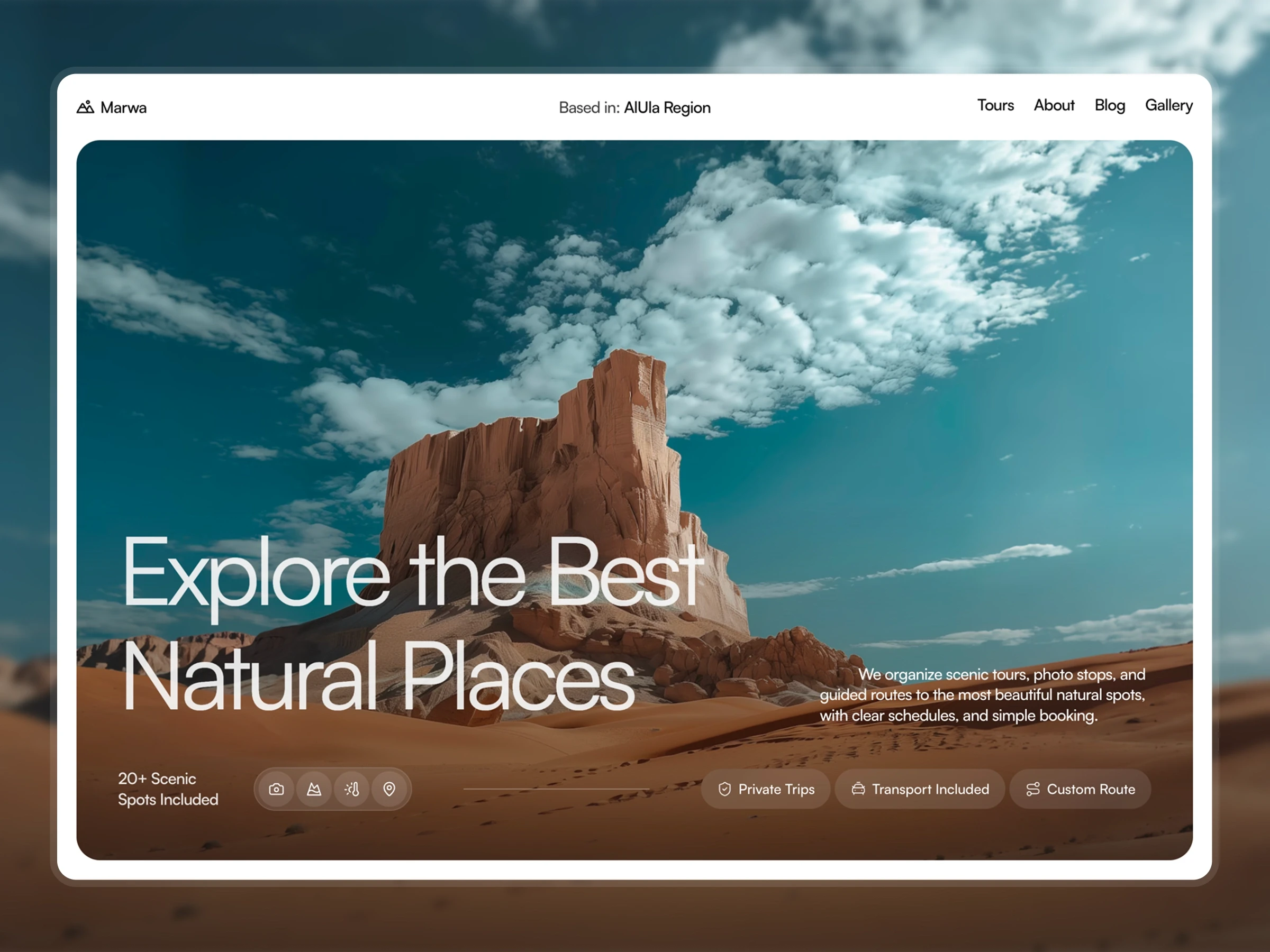 Hero section of Marwa travel template with desert cliffs and call to action